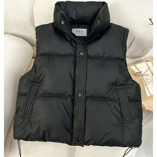 New Autumn Casual Loose Down Cotton Vests Women Stand Collar Short Sleeveless Coats Solid Zipper Waistcoat Winter Warm Vest