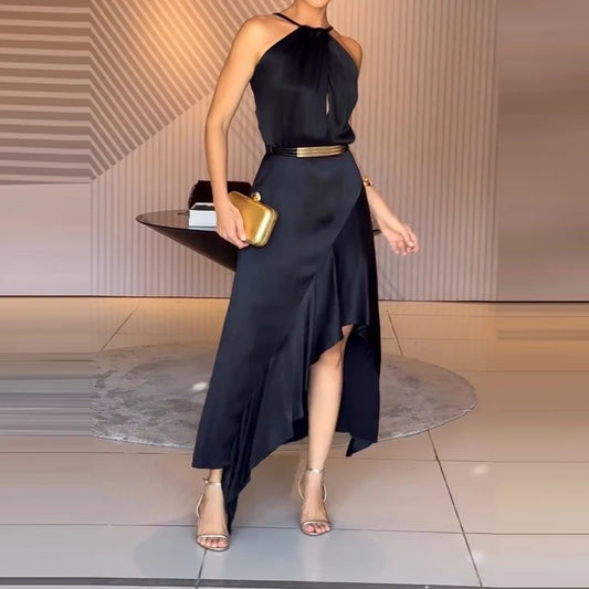 Elegant Black Satin Halter Midi Dress for Women – Asymmetrical Hem, Backless Evening & Cocktail Dress | Modern Blend Boutique