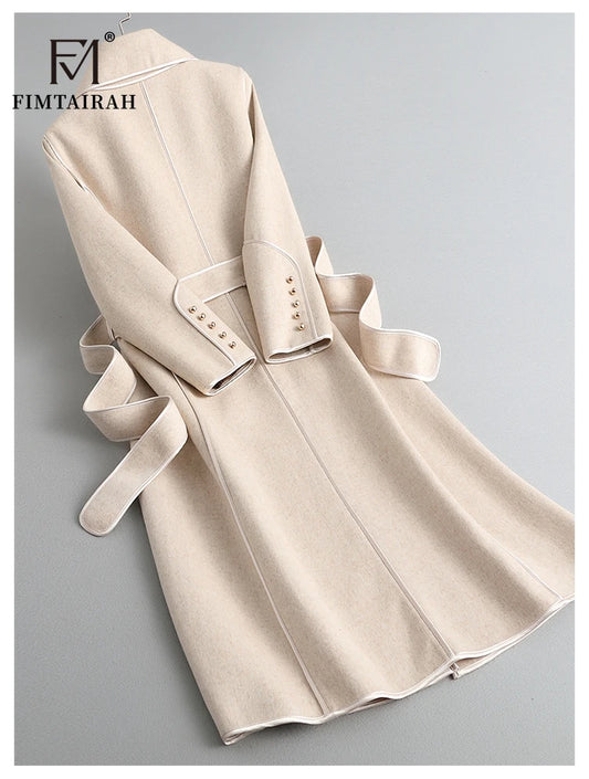 Women’s 100% Merino Wool Long Wrap Coat – Luxury Double-Breasted Style, Wide Lapel Collar, Belted Waist, Elegant Winter Outerwear