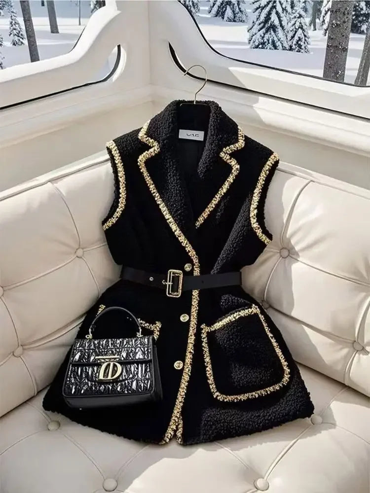 Elegant Women Black Lambhair Vest Coat Luxury Bright Silk Edging with Belt Sleeveless Blazers Vest New Spring Winter Outerwear.