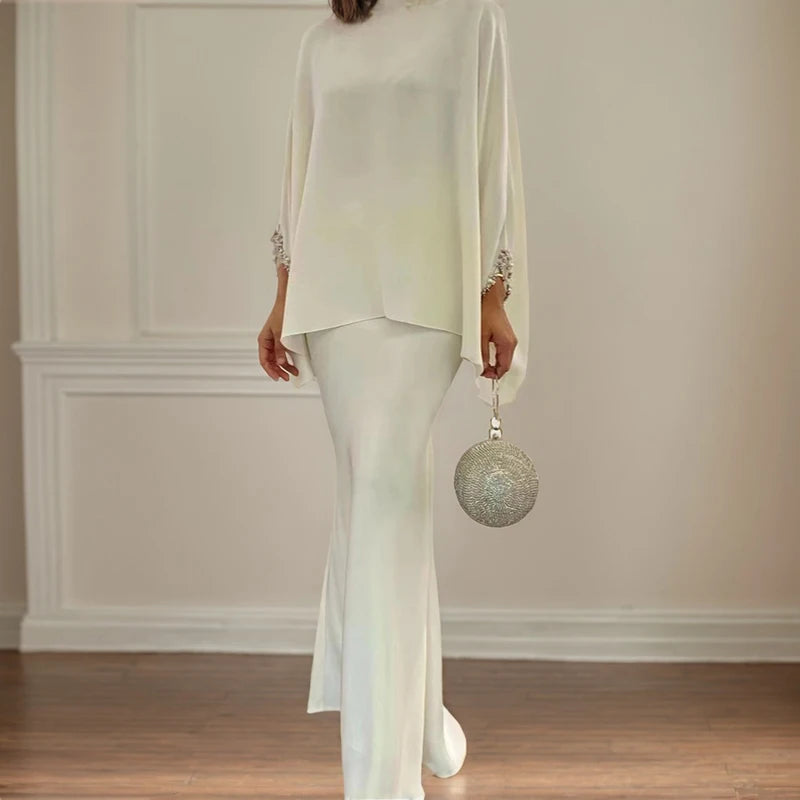 Modern Designed Floral Print Dress/Fashion Silk Beaded Loose Pencil/Maxi Skirt Suit Two Piece Set Simple Party Gown Dresses Set’s.