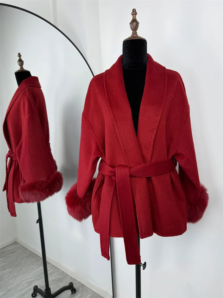 Tossy Fox Fur Overcoat/Short Fitted Cardigan Coat/Elegant Double-sided Woolen Coat.