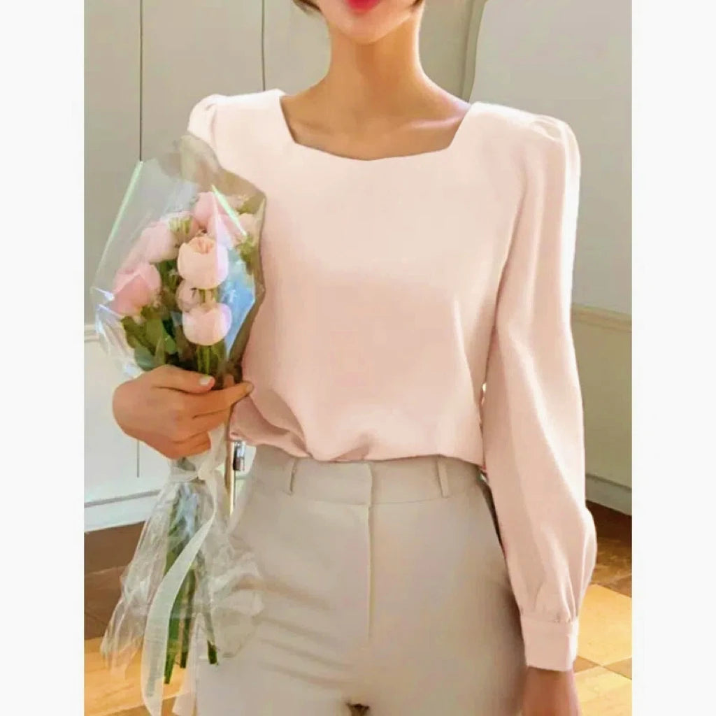 Solid Puff Square Collar Blouse for Women/Casual Loose Fitted Style.