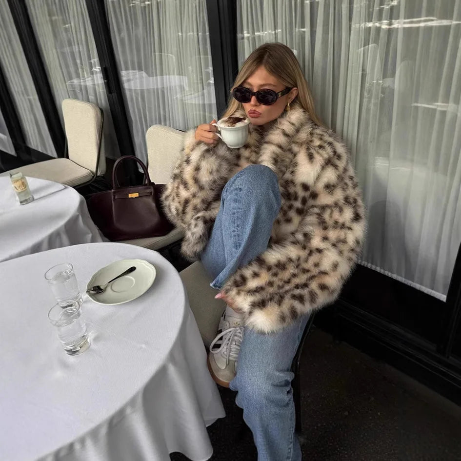 Faux Fur Coat’s/Casual Daily Coat/Turn Down Collar/Full Sleeve Leopard Print/Open Stitch Thick Warm Jackets Street Wear Winter.