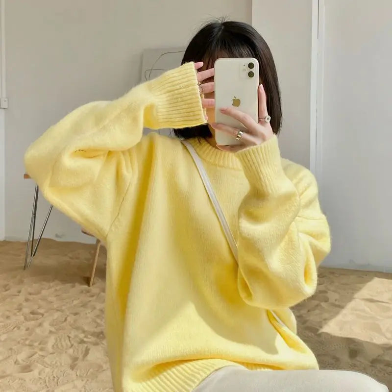 Solid Loose Sweater Fashion Elegant/O-neck Long Sleeve Knitted Pullover/Autumn Female Warm Thick Tops/Comfy Jumpers/