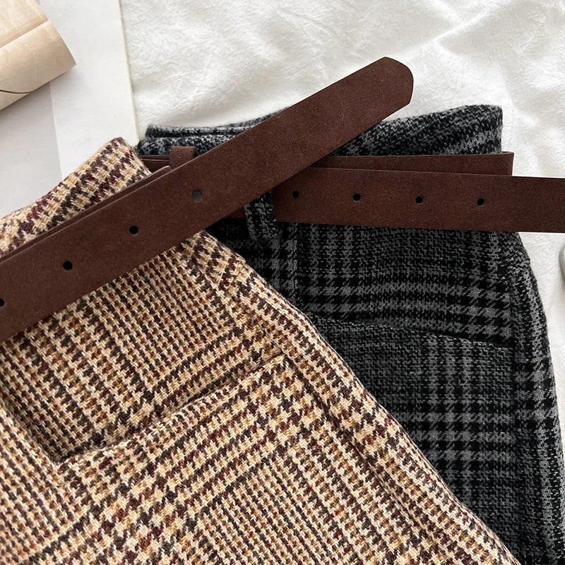 Women’s Mid-Waist Wool Blend Plaid Shorts – Autumn Winter Streetwear Short Pants