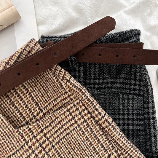 Women’s Mid-Waist Wool Blend Plaid Shorts – Autumn Winter Streetwear Short Pants