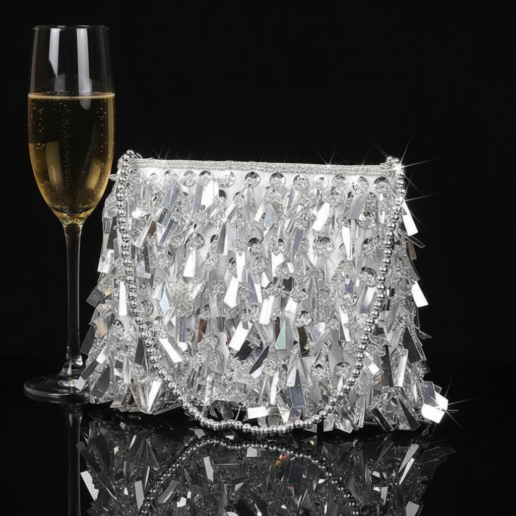 Vintage Silver Hand Bag/Beading Sequined Bag/Clutch Purse Versatile Handbags With Beaded Handle Chain Shoulder Bag.