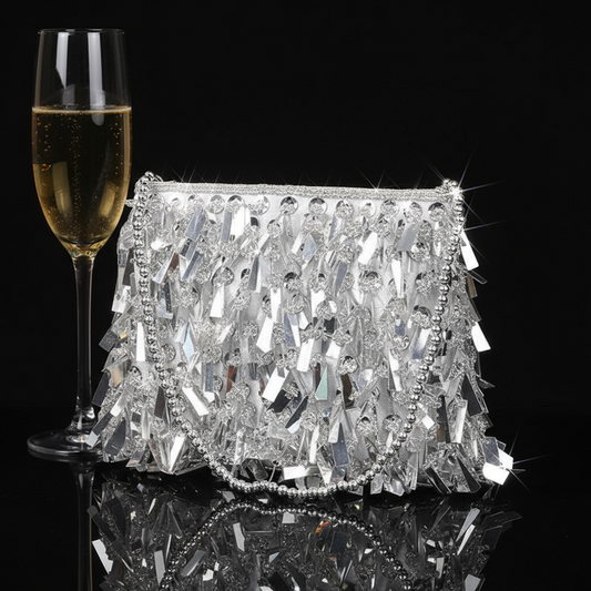 Vintage Silver Hand Bag/Beading Sequined Bag/Clutch Purse Versatile Handbags With Beaded Handle Chain Shoulder Bag.