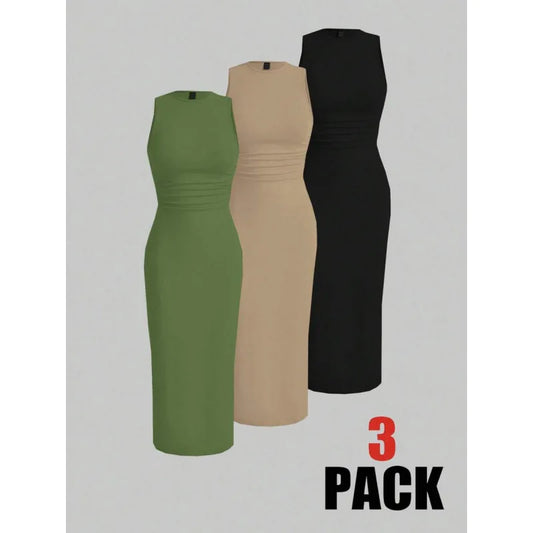 Modern Blend Boutique | Sculpted Suede Midi Dress – High Neck Bodycon Waist Cinch Elegant Minimalist Dress (3 Color Set Available, In packs)