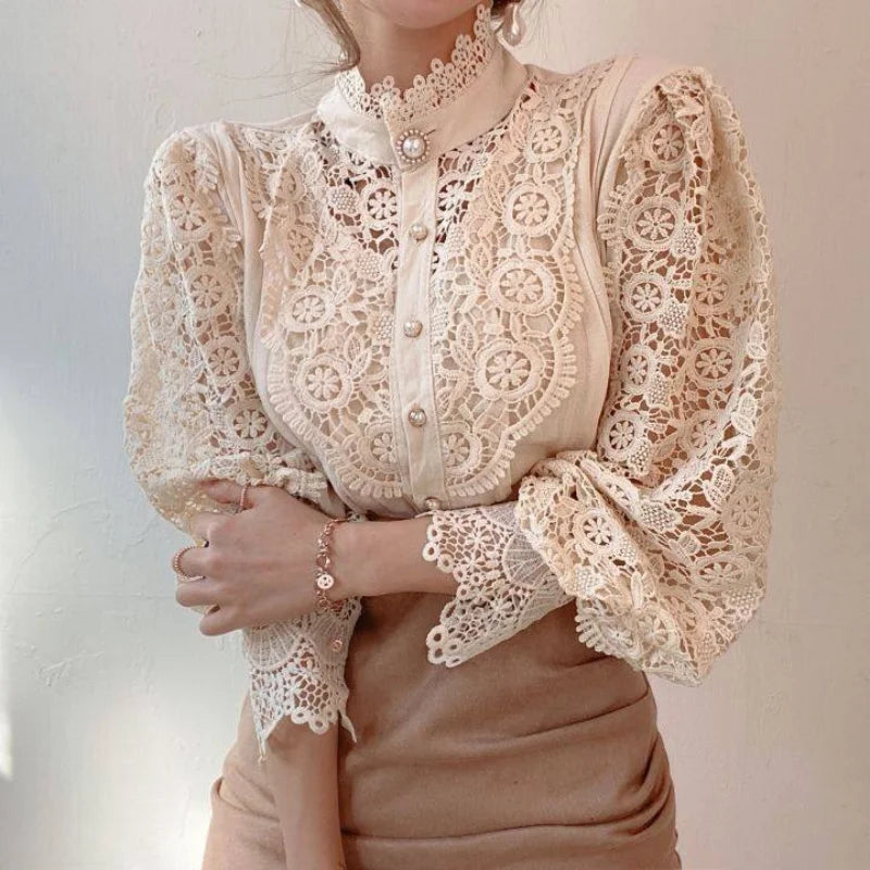 Hollow Out Long Sleeved Lace Blouse/Solid Tatting Craft Designed/Broad Clothed Single Breasted Blouse