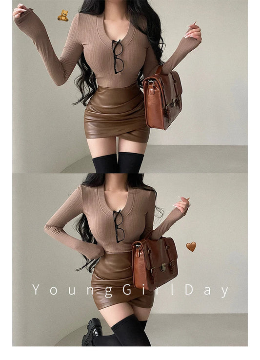 Women’s Faux Leather Ruched Mini Skirt – High Waist Bodycon Hip Wrap Club Skirt