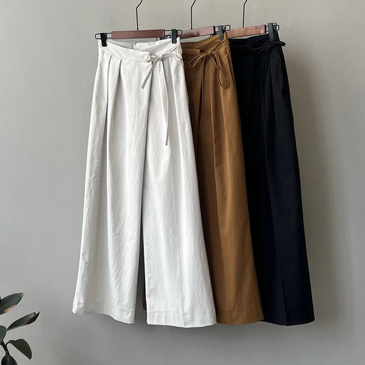 Fashion Tie Up Knotted Asymmetric Strapped Pant’s/ Lace-up Wide Leg Chic Style/High Waisted Solid Loose Ladies Straight Trouser’s.