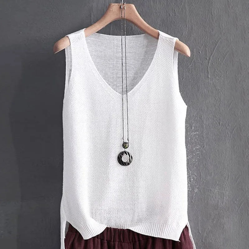 Pullover Women's V-neck Blouse/Thin Knitted Loose Tops/Basic Solid Color Sleeveless/T-shirt For Women Casual Blouses.