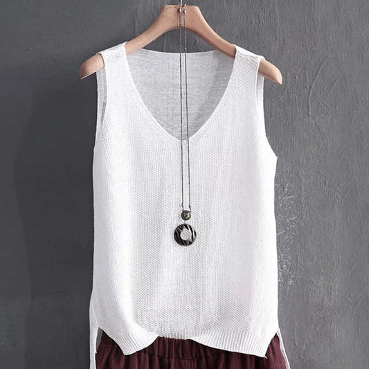 Pullover Women's V-neck Blouse/Thin Knitted Loose Tops/Basic Solid Color Sleeveless/T-shirt For Women Casual Blouses.