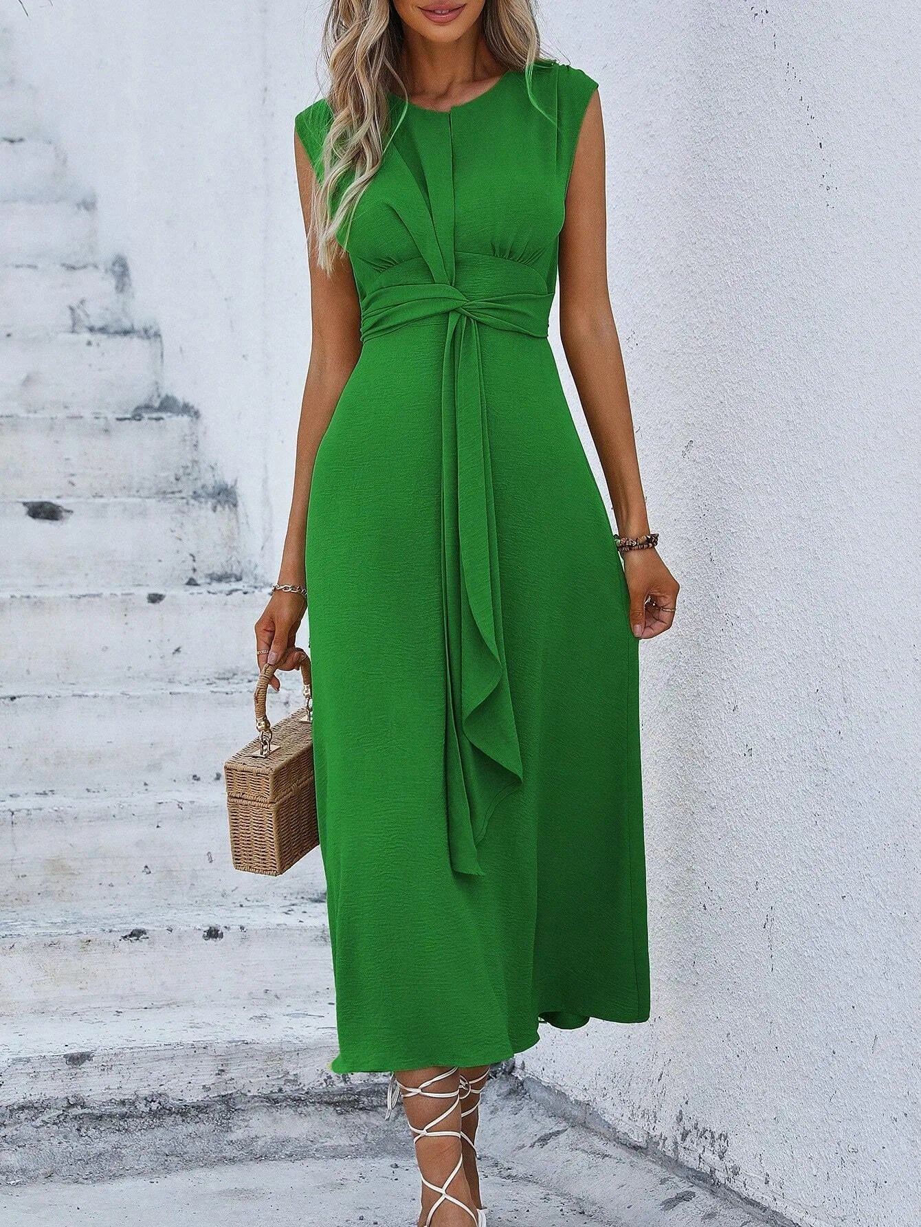 Elegant Sleeveless Waist Tie Midi Dress for Women – Romantic Vacation A-Line Summer Dress | Casual Chic Date Night Outfit | Modern Blend Boutique