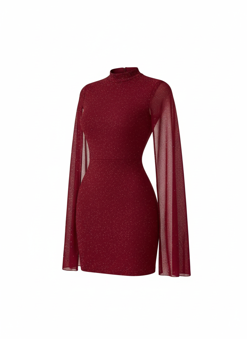 Asymmetrical Shimmered Body~Con Dress/Neck Chiffon Cape Hip Figured Dress/Elegant Winged Sleeves/Mini Cocktail Dress.