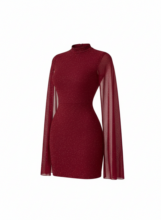 Asymmetrical Shimmered Body~Con Dress/Neck Chiffon Cape Hip Figured Dress/Elegant Winged Sleeves/Mini Cocktail Dress.