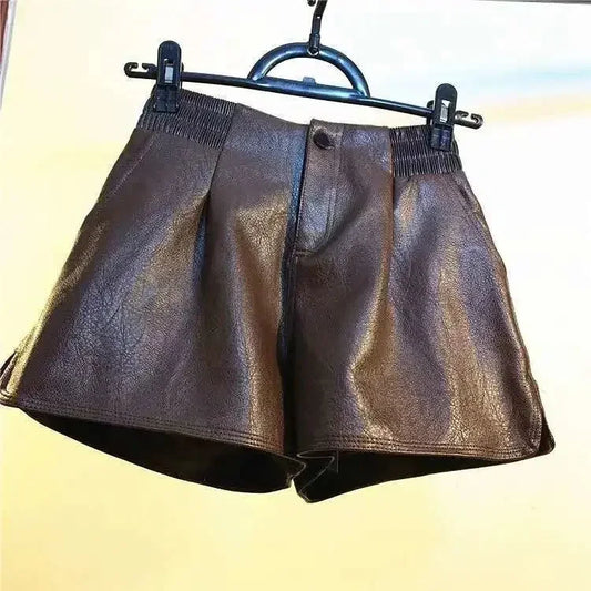Women’s Boutique Style High-Waist Leather Shorts – Loose Fit Wide-Leg Faux Leather Pants/Versatile Fall Fashion