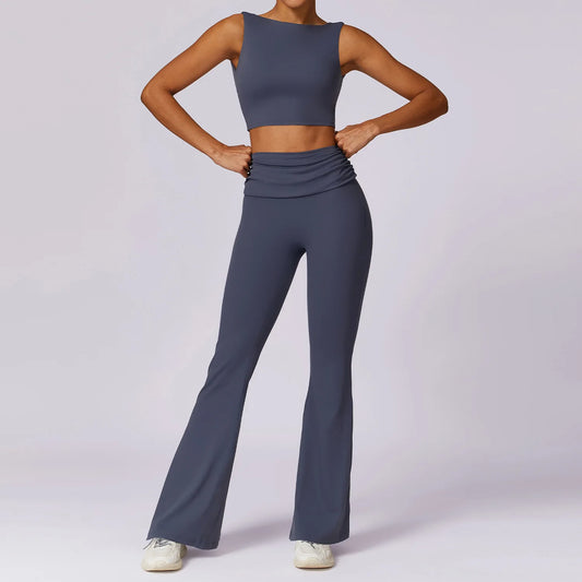 High-Waisted Flared Active Pants with Sculpting Fit – Neutral Beige