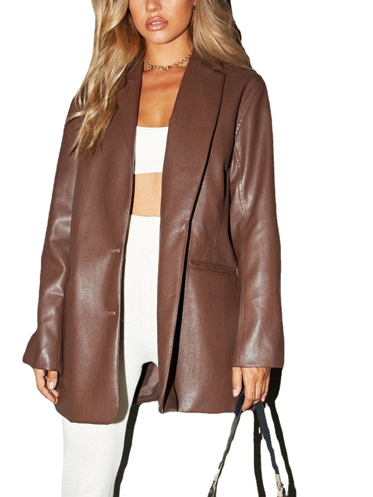 Women’s Oversized Vegan Leather Blazer – Single Breasted Faux Leather Jacket with Pockets