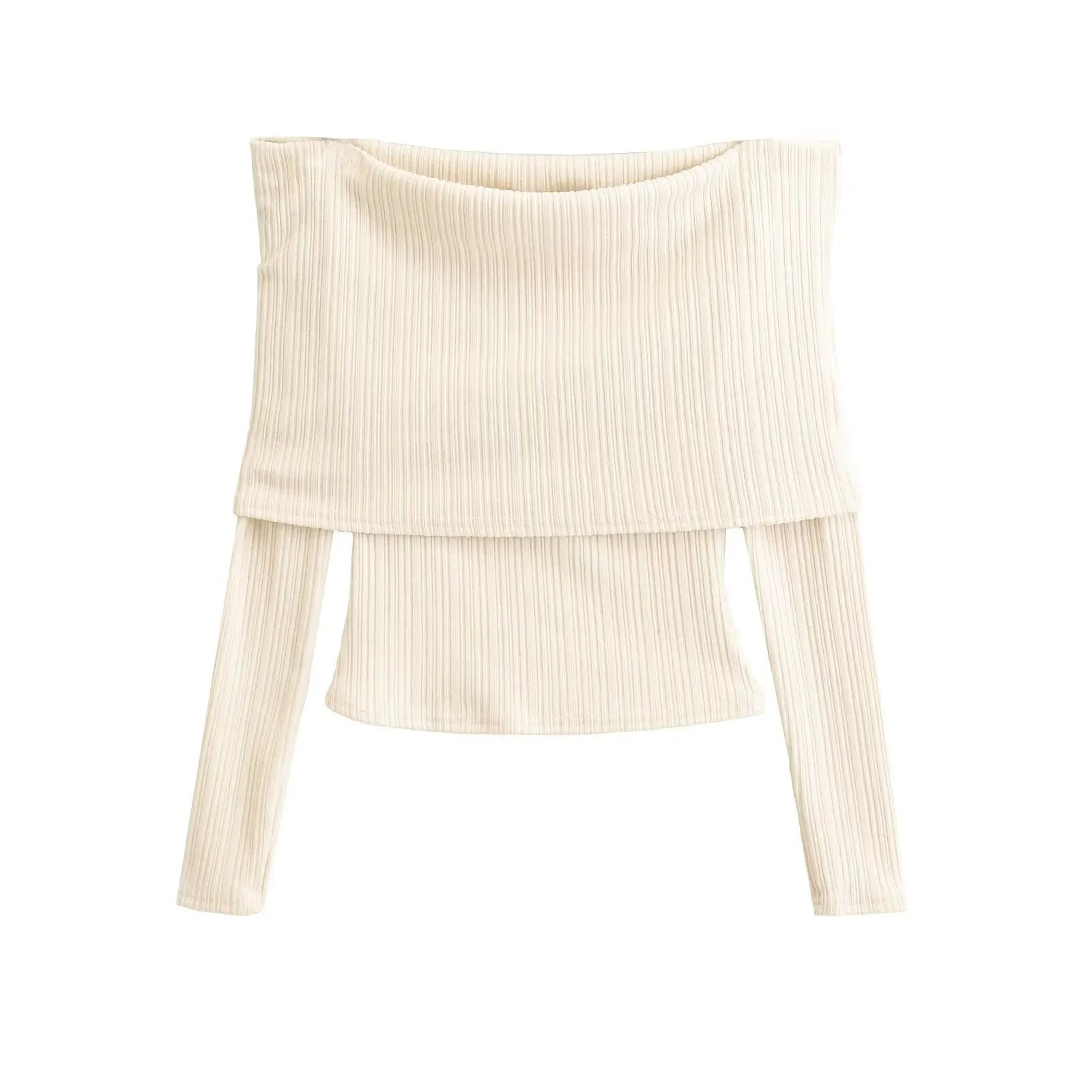 Long Sleeved Knitted Blouse/One Shoulder Design Blouse/Women's Slim Fit Slim Top/V ersatile Commute Style.