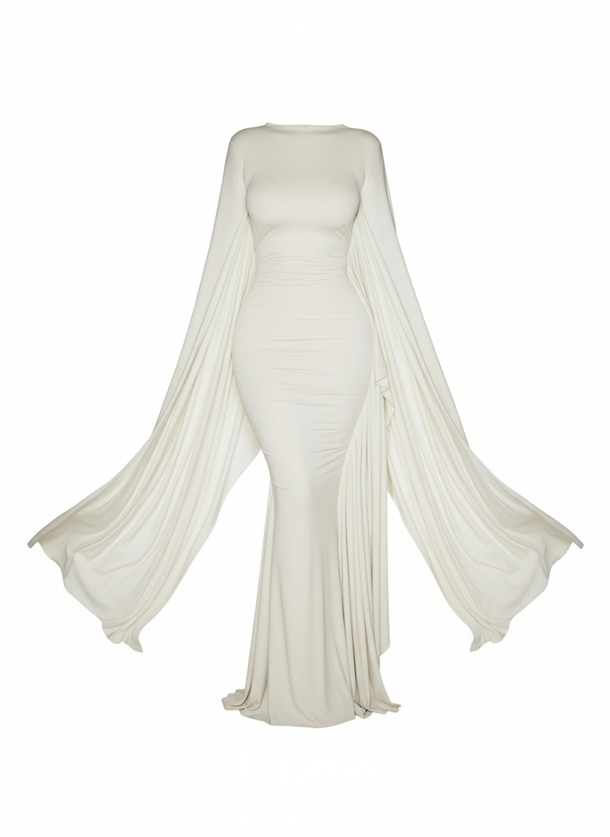 Simenual Solid Draped Hipster Dress/Long Sleeve Crewneck Maxi Dress/Skinny Soft Maxi Dress Elegant Clubwear Robe.