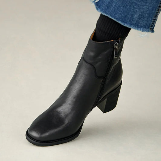 Women’s Genuine Leather Ankle Boots | Vintage European-Inspired Round Toe Booties, Side Zipper, Block Heel, Classic British Style