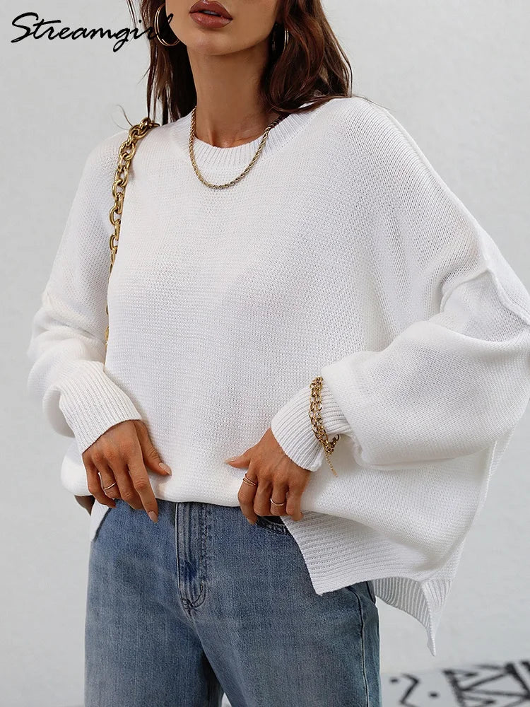 Comfy Oversized Sweater’s/Loose O~Neck Knit Sweater/Split Pull Knitted Pullover Oversized Winter Clothing.