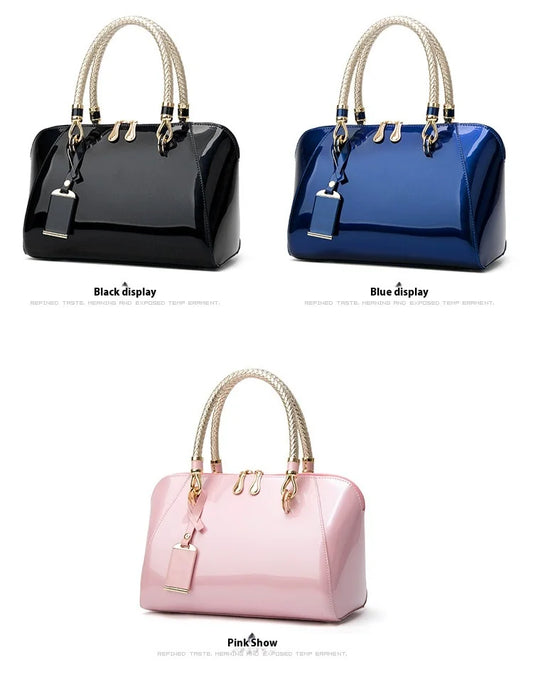 Luxury Pink Patent Leather Handbag – Glossy Top Handle Tote with Gold Hardware | Modern Blend Boutique