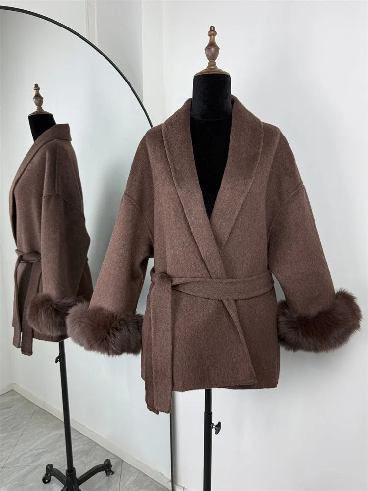 Tossy Fox Fur Overcoat/Short Fitted Cardigan Coat/Elegant Double-sided Woolen Coat.