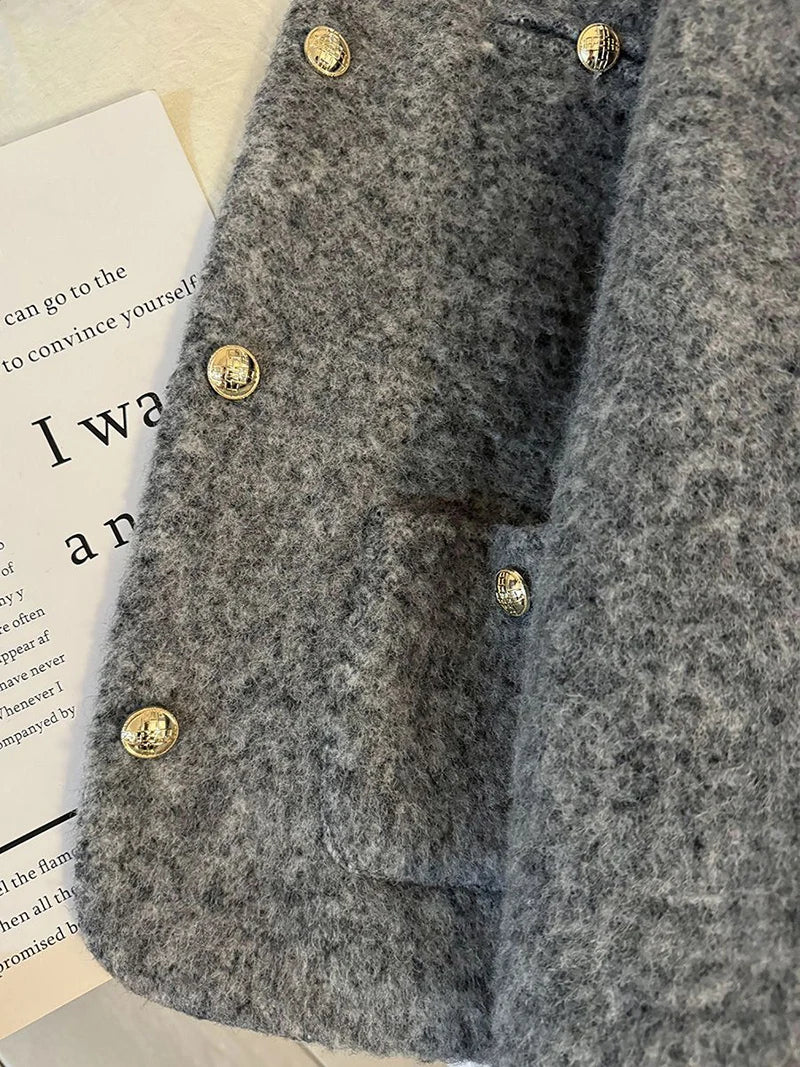 Women’s Thick Wool-Blend Jacket with Gold Buttons – Structured O-Neck Vintage Coat | Autumn Winter 2025