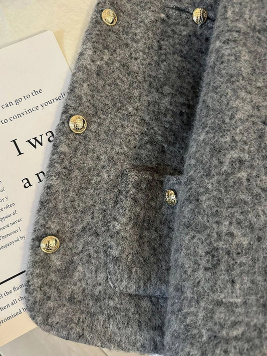 Women’s Thick Wool-Blend Jacket with Gold Buttons – Structured O-Neck Vintage Coat | Autumn Winter 2025