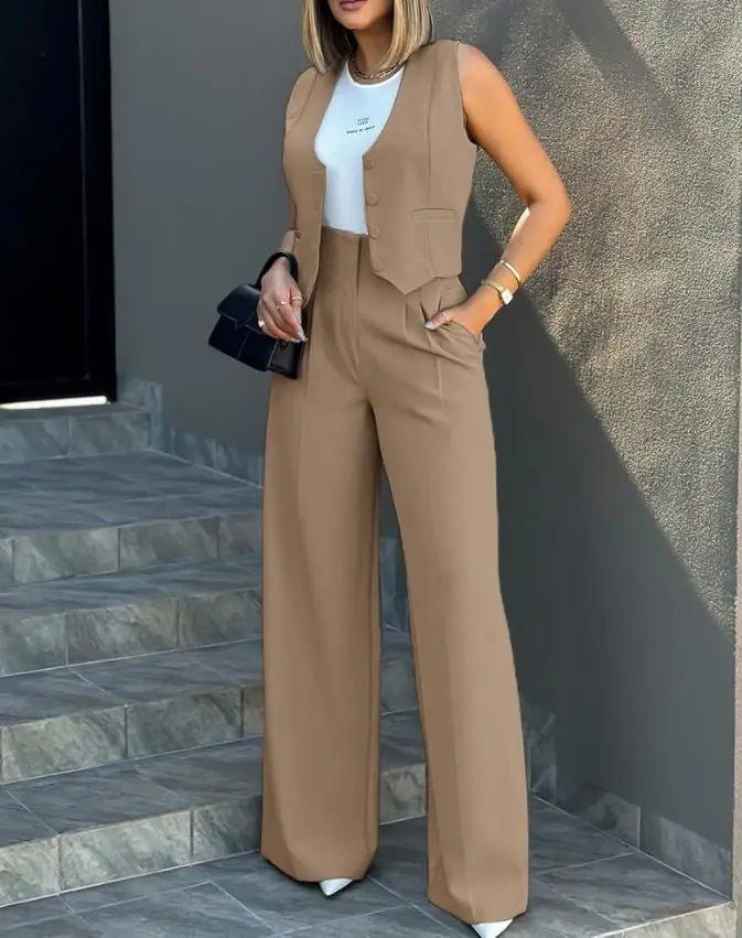 Trousers Suit Women's Vest Suit/Elegant Loose Regular Work Suit/High Waist Wide-leg Trousers 2-piece Street Suit.