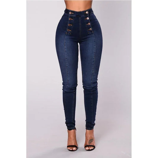 Luxury High-Waist Button Fly Skinny Jeans – Stretch Denim Body-Shaping Slim Fit Pants for Women (Blue & Black)