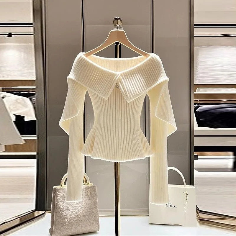 Luxury turn down collar/Wool knitted Sweater/Solid Style High End Design/Sense Niche Thin lapel Fit/Autumn Season wear.