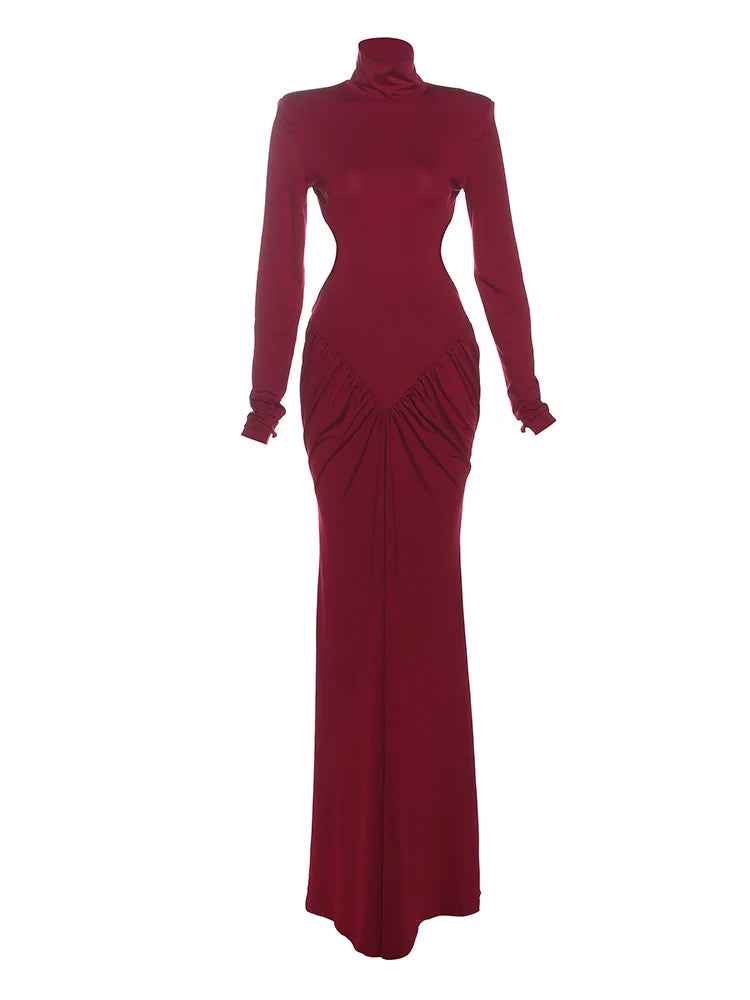 Luxurious Pullover Puss Dress/Backless Maxi Dress/Women Shoulder Pad’s/Long Sleeve Waistless/Peach Buttocks/Ruched Elegant Banquet/Ruffle Designed.