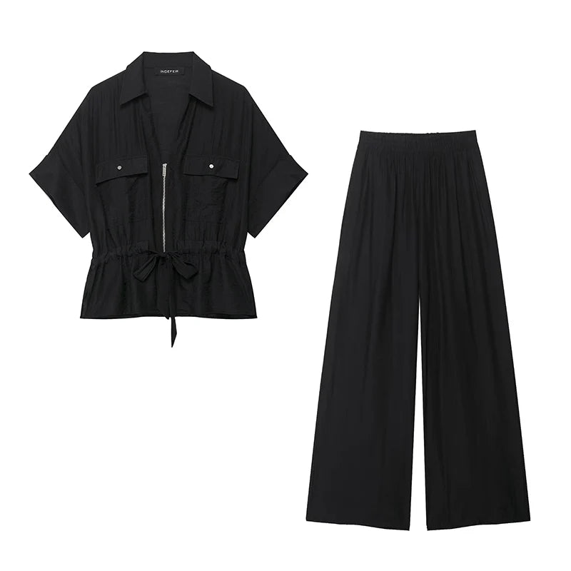 TFMLN Women Wide Leg Pant’s/2 Pieces Set’s/Short Sleeves Zipper Shirt/Straight Elastic Waist Trousers Chic Safari Style.