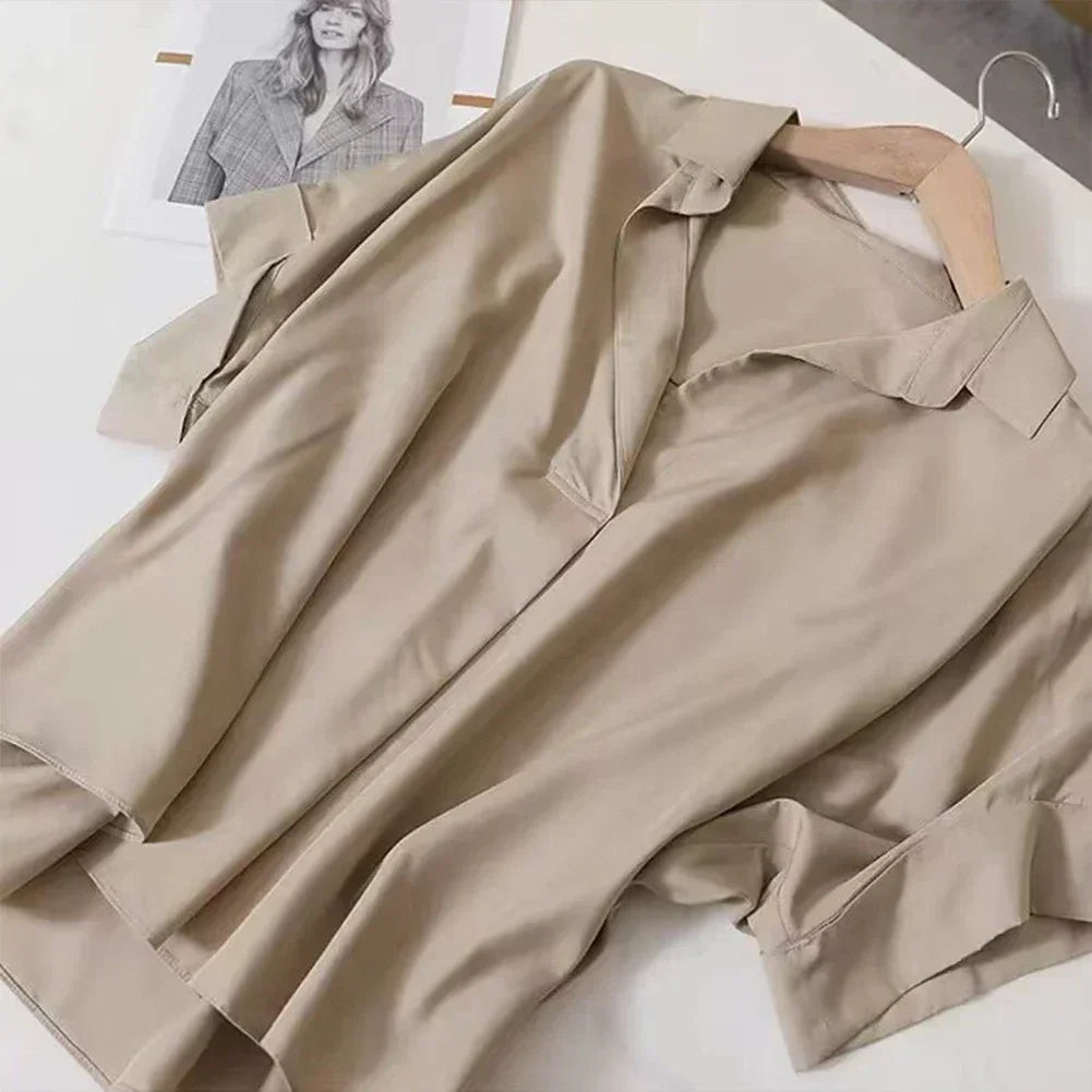 Breathable Barca Top/Simple Short Batwing Sleeve Turn/Town Quick Dry Collar Shirts Solid Color/Female Vintage Style/Comfortable Stretched fitted Shirt.