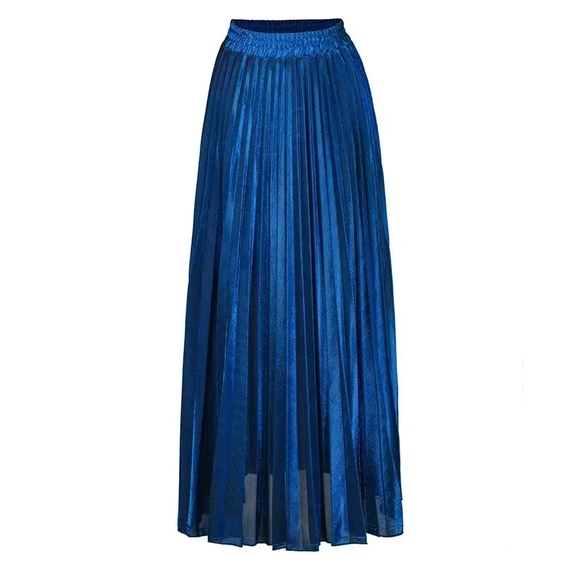 Bright Silk Metal Skirt/Color Pleated Maxi Skirt/Elastic High Rise Swing/Holiday Celebration Event.
