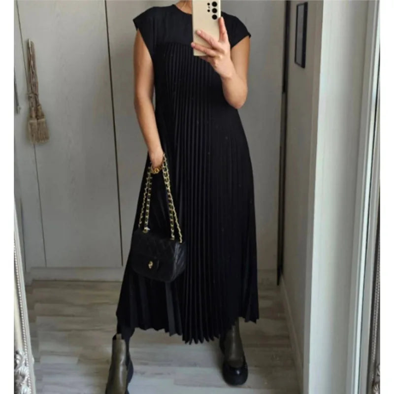 Solid Vintage Loose Pullover/High Waist Dress/Large Hem Long Dress/Fashionable Round Neck Sleeveless Pleated  Mid Calf Women's Dress Femme.