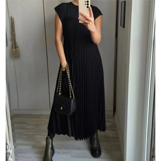Solid Vintage Loose Pullover/High Waist Dress/Large Hem Long Dress/Fashionable Round Neck Sleeveless Pleated  Mid Calf Women's Dress Femme.