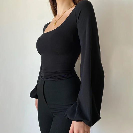 Stunning Black Puffy Blouse/Square Collar Slim Solid T-shirt. Stretched Sized Blended Fabric.
