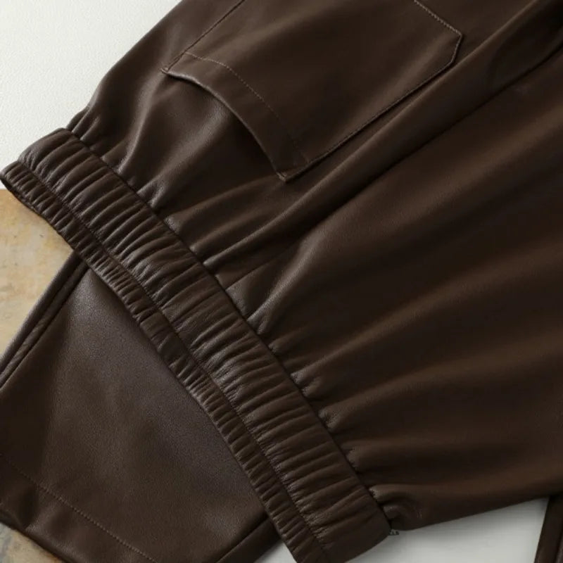 Luxury PU Leather Jogger Pants for Women – High-Waist Elastic Drawstring Wide-Leg Trousers – Comfy Chic Vegan Leather Athleisure Pants
