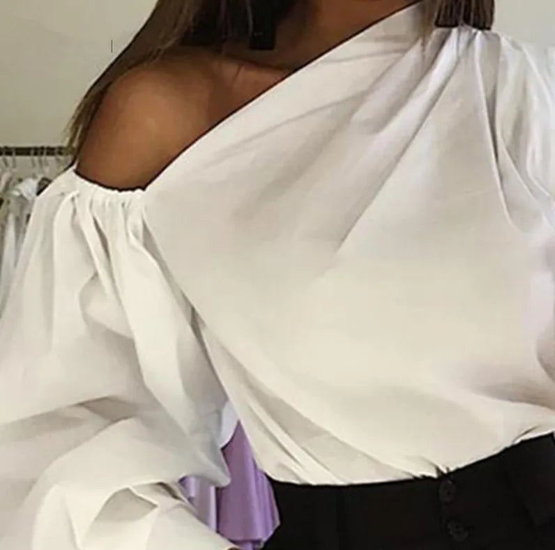 Women's Solid Color Oblique/Shoulder fit long Sleeve. For casual use/Off Shoulder design. Female Fashion Lantern Long Sleeve Shirts.