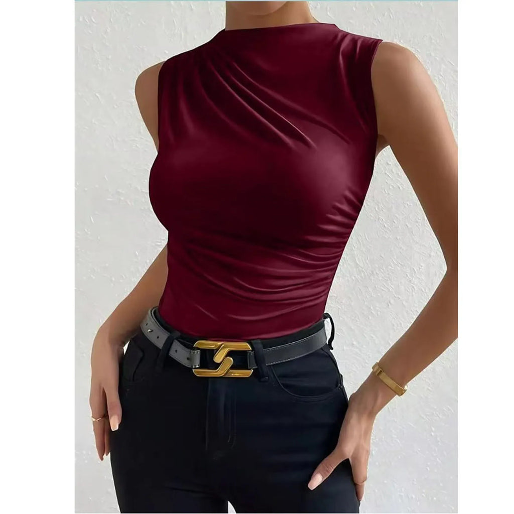 Solid Color Commuted Sleeveless Tight Top’s/Women Fashion Casual Mock  High Neck Ruched Top’s.