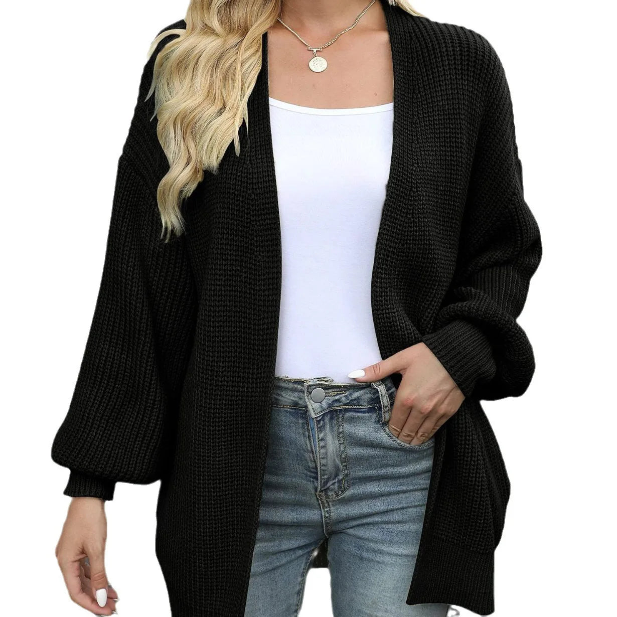 Lantern Sleeve Thick-Knit Cardigan | Timeless Elegance Knit