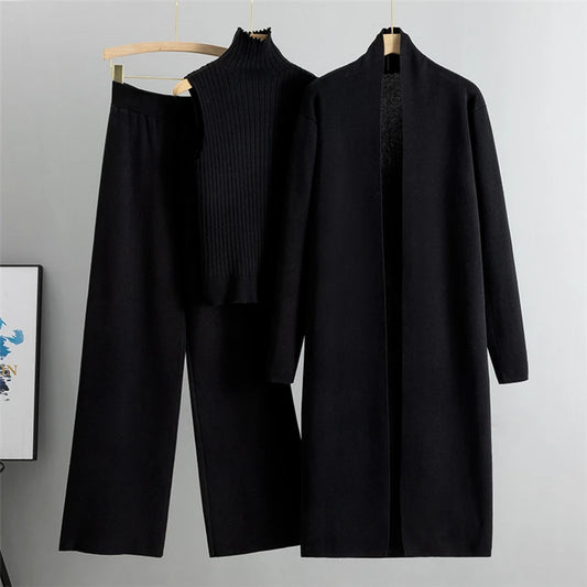 Women’s 3-Piece Knit Cardigan Set | Long Open-Front Coat, Sleeveless Turtleneck Top & Wide-Leg Pants | Fall Winter Lounge & Office Outfit