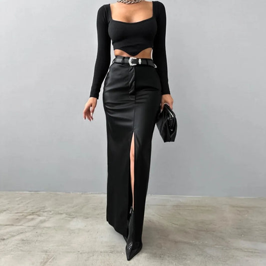 Luxury High-Waist Faux Leather Midi Skirt with Front Slit – Elegant Tailored Fit