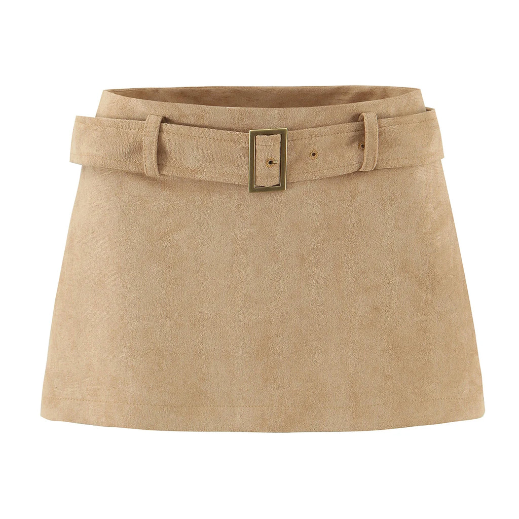 Faux Suede Low Waist Belt Mini Skirt/ Short Lining/Sexy A-line Package Hip/Slim Fitted Waistline/Solid Vintage Skirt.